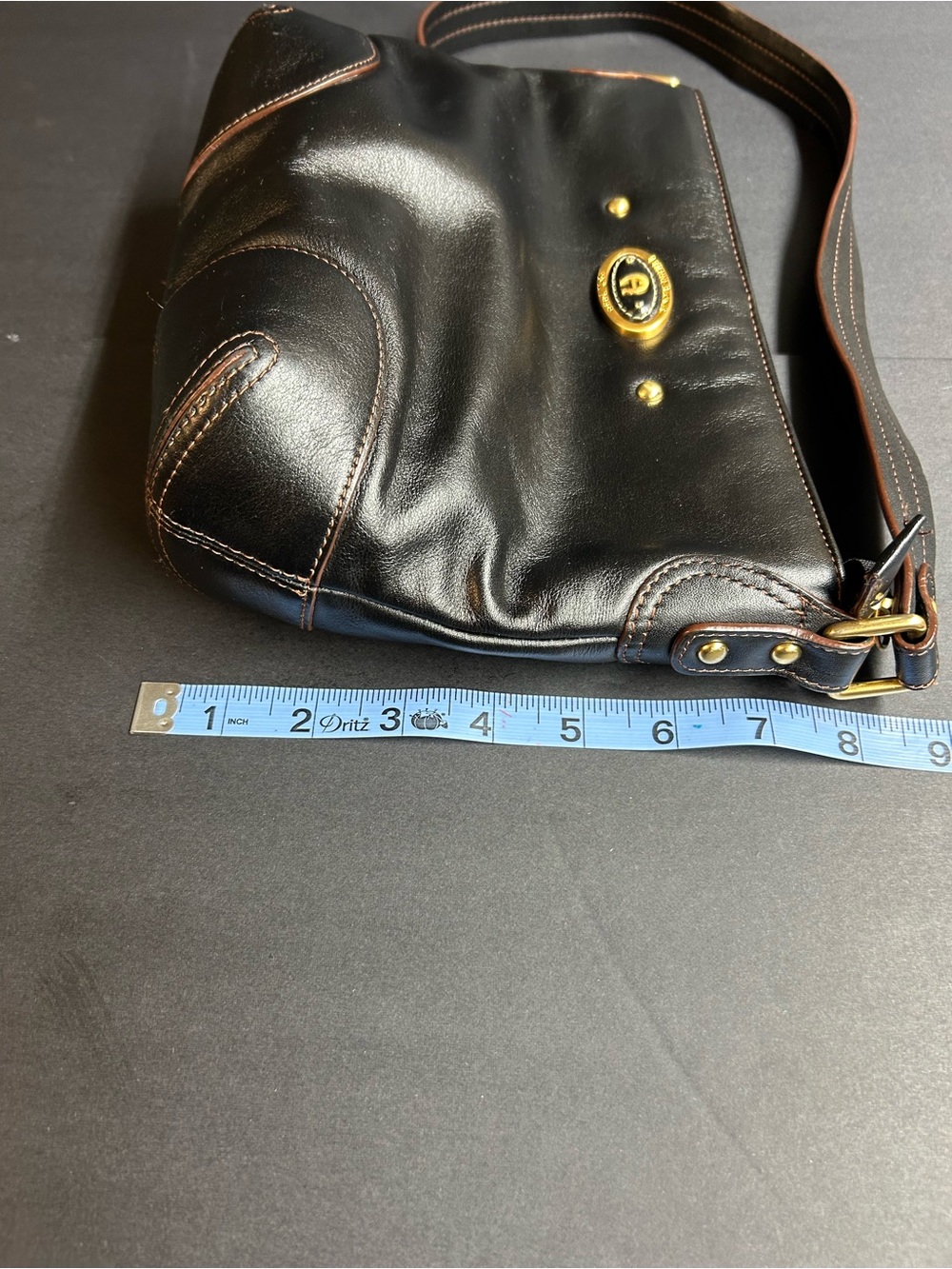 Etienne Aigner Black Leather Hobo Shoulder Bag with Gold Hardware & Brown Trim - Picture 5 of 11